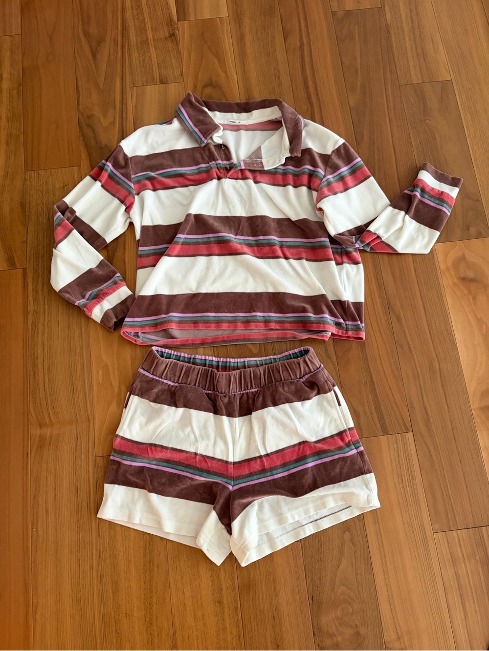 O'Neill Women’s Striped Velour Set in Brown, White & Pink/Red